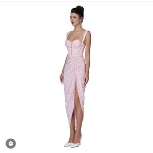 Strap Midi Dress in Soft Pink with Ruched Front and Slit